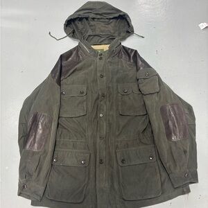 Orvis Dark Green Military Jacket with Brown Leather Details